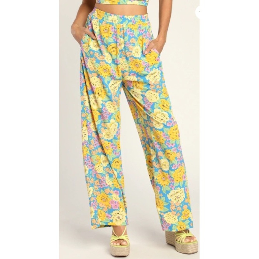 Lulus Floral Print Wide Leg Pants Womens L Blue Yellow Flowy Cottagecore Resort
